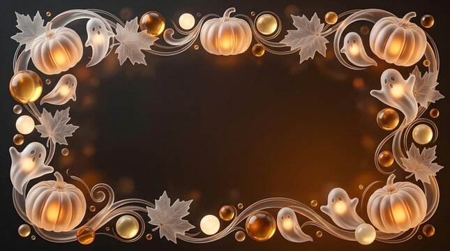 Ornate Halloween Border With Glowing Pumpkins, Floating Ghosts, and Intricate Swirling Patterns.