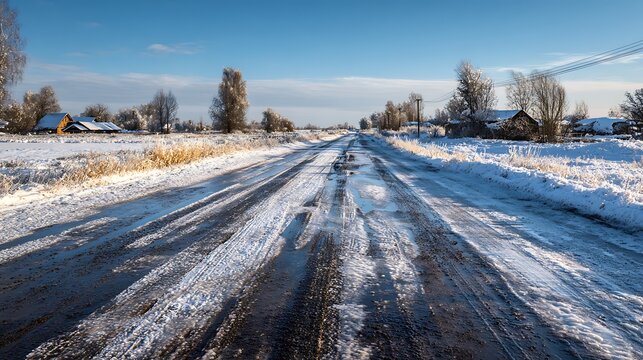 Rural winter road with melting snow and distant frosted houses