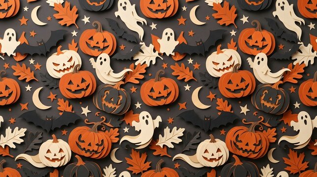 Rustic Halloween pattern with layered paper-cut style pumpkins, ghosts, bats, and autumn foliage.