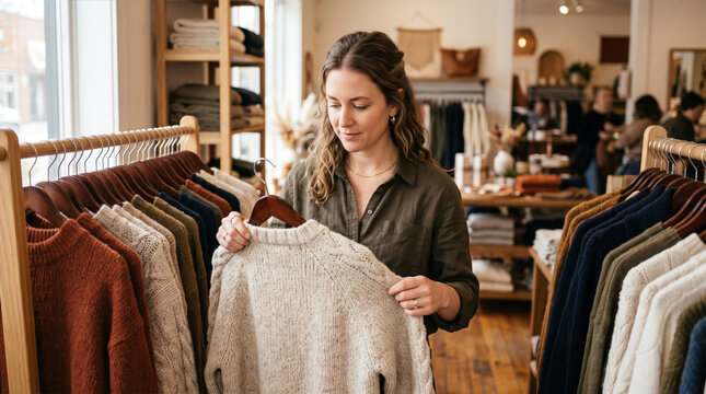 Woman examining a knitted sweater in a clothing boutique