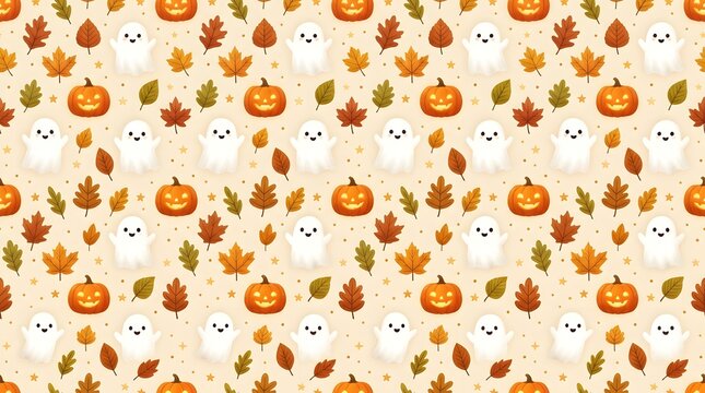 Seamless Halloween Pattern Featuring Cute White Ghosts And Orange Pumpkins With Autumn Fall Leaves.