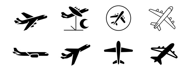 Fototapeta premium Plane Flight Icons, vector symbols featuring airplanes, airline travel, airports, journeys, vacations, aviation, and passenger flight concepts, clean modern SVG design. 