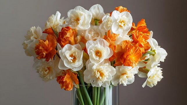 Stunning white and orange daffodils arranged beautifully in a vase on a light background