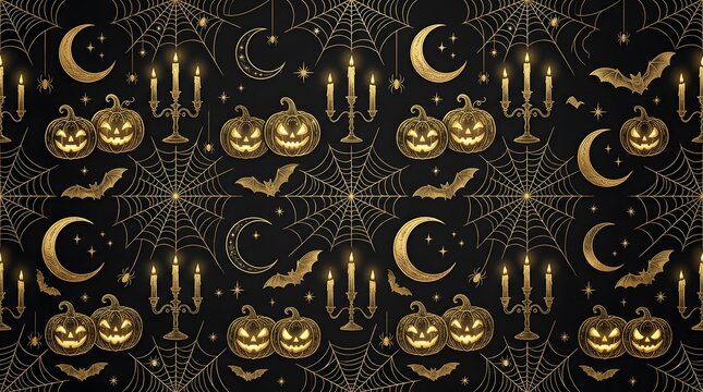 Seamless Halloween Pattern Featuring Glowing Jack-O-Lanterns, Spooky Spiderwebs, Bats, and Moons.