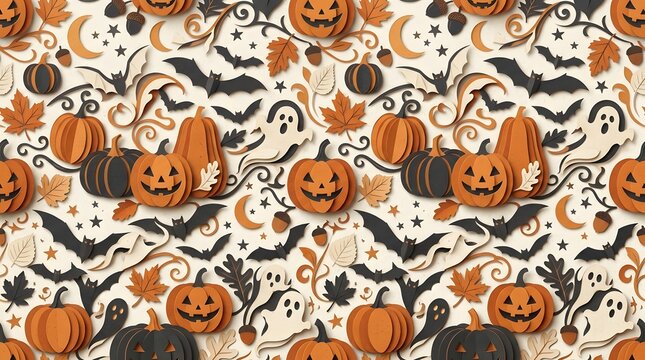 Seamless pattern of paper cut pumpkins, ghosts, bats, and fall leaves on a light cream background.