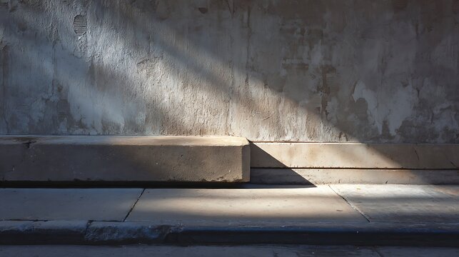 Sunlight creating strong diagonal shadows on a textured urban wall and block