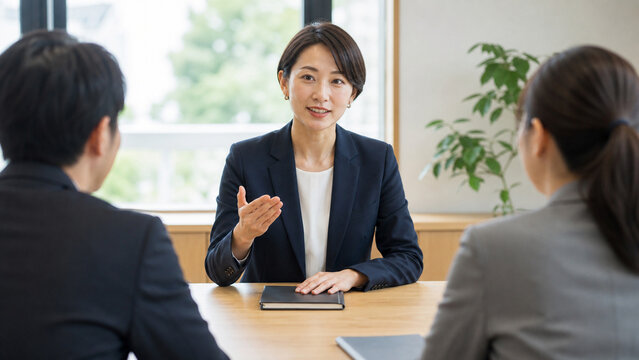 自然光の会議室で判断を伝える日本人女性管理職
