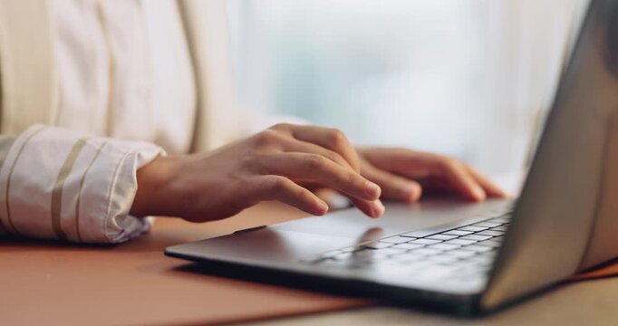 Hands, creative and business woman on laptop for marketing proposal, research and strategy. Typing, scroll and person on computer for planning, advertising pitch and website review for brand campaign