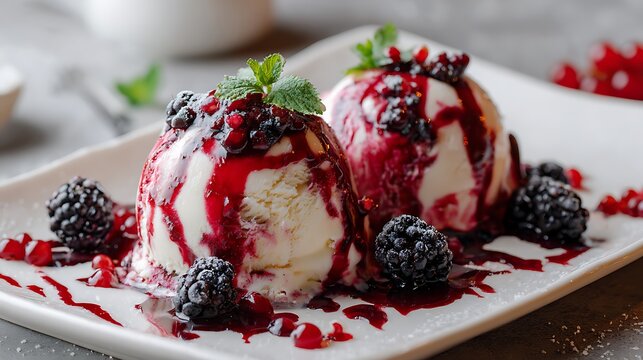 Two scoops vanilla ice cream with blackberry pomegranate sauce and mint