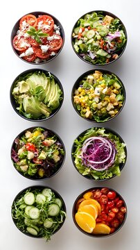 Variety of fresh healthy salads served in small bowls