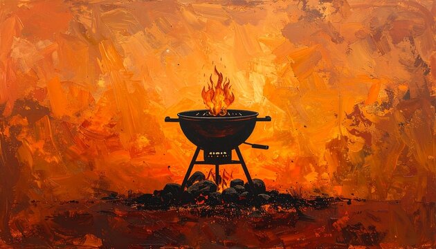 Fiery Grill at Sunset with Dramatic Orange Sky.