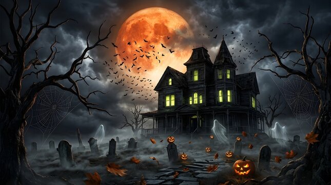 Spooky haunted house at night under a giant glowing orange full moon with a dark misty graveyard.