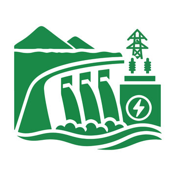 Hydroelectric Dam with Water Flow, Power Transmission Tower, and Lightning Bolt Symbol in Green Vector Icon Design