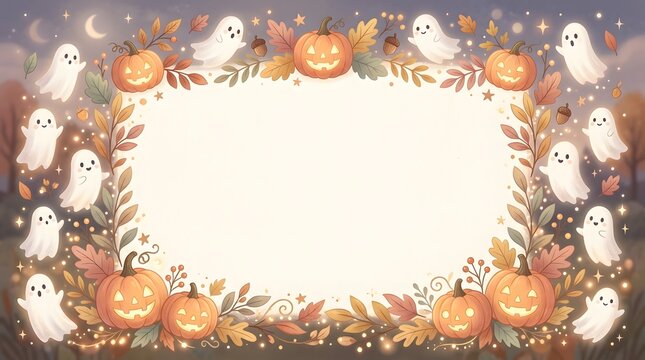 Whimsical Halloween Frame With Cute Ghosts, Smiling Pumpkins, and Golden Autumn Leaves Pattern.