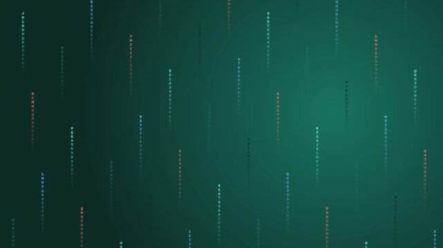 Abstract digital data rain on emerald green background, falling glowing pixels and matrix lines, futuristic technology motion graphic