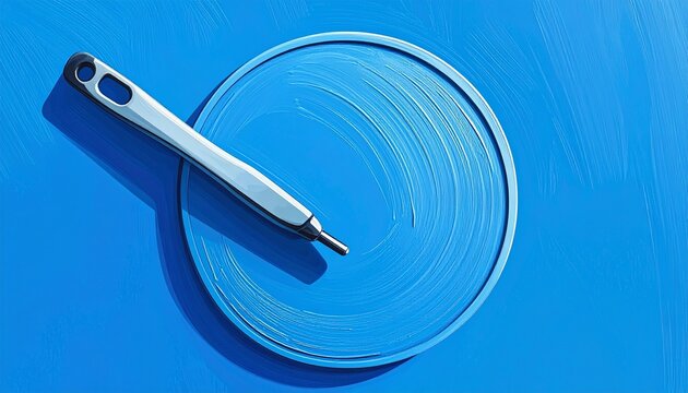 Digital thermometer on empty glass bowl against blue background.