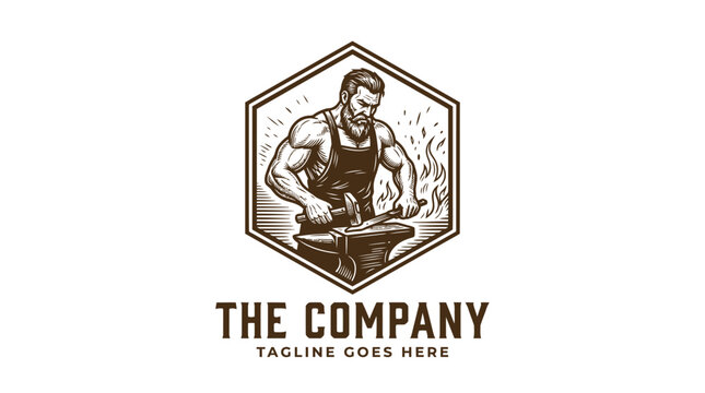 Vintage blacksmith mascot logo with anvil and hammer.