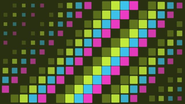 Retro pixel art background, vibrant neon mosaic squares, colorful geometric digital pattern for gaming and music visuals