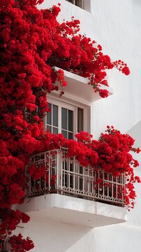 Vibrant red bougainvillea cascades beautifully over a classic white balcony