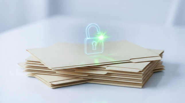 Secure audit folders with quality control and data protection concept, digital lock icon represents confidential information