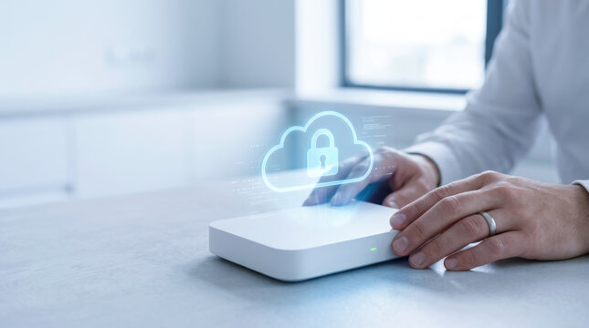 Secure cloud storage device on desk with person performing quality audit ensuring data protection and privacy in modern office environment