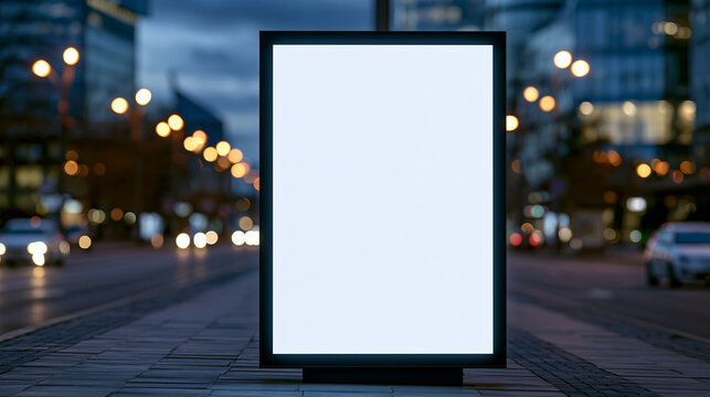 A blank vertical light box billboard stands on a city sidewalk at twilight. Ideal for outdoor advertising and mockups.