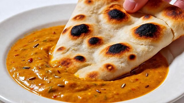 Naan bread dipped in curry sauce