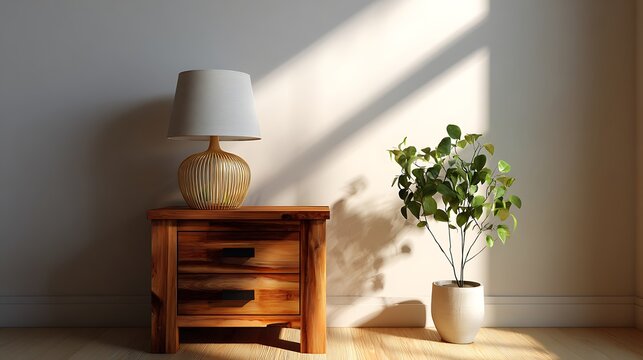 Warm interior with wooden nightstand, unique lamp, and potted plant