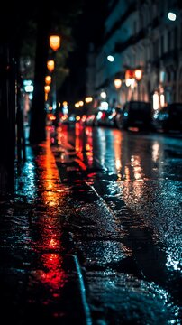 Wet city street at night with vibrant reflections of colorful lights