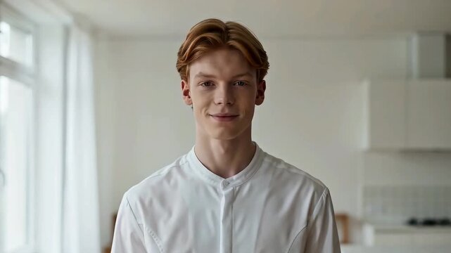 Young ginger man in white professional shirt looking up and smiling at camera in a bright, minimalist interior with soft natural lighting and calm mood.