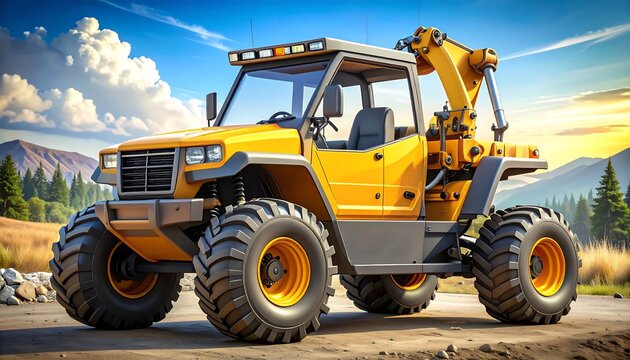 Modular construction utility buggy illustration with oversized tires, lifting arm and interchangeable tool modules, playful industrial vehicle design.
