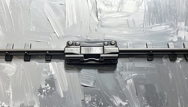 Close up of industrial metal rail and clamp on textured surface.