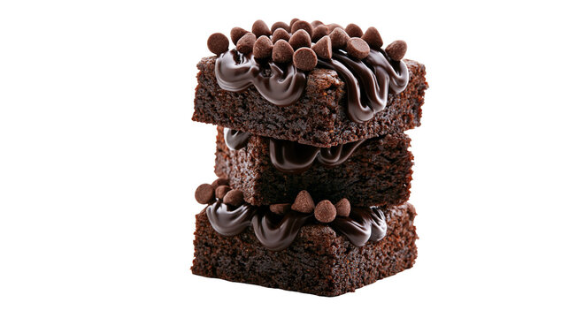 Stack of three rich chocolate brownies with melted chocolate glaze and chocolate chips, isolated on transparent background