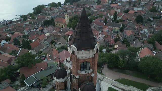 Close aerial perspective of upper Gardos Tower architecture with broad Danube river behind, Zemun, Belgrade, Serbia.
