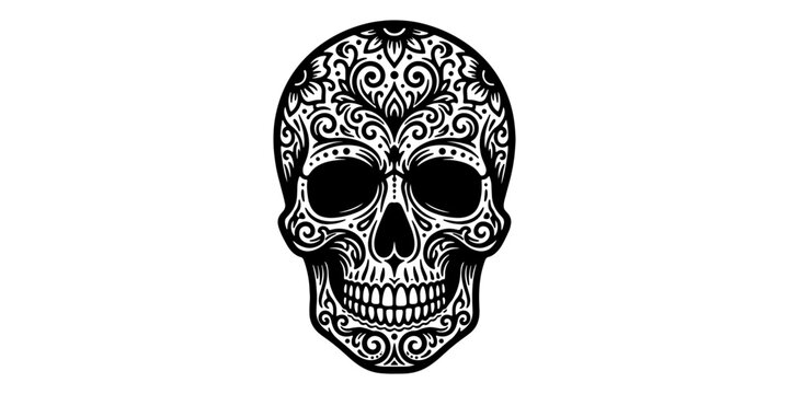 Ornate black and white skull silhouette with intricate patterns skeleton bone