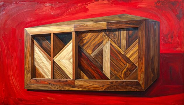 Colorful Wooden Geometric Puzzle Box on Red Background.