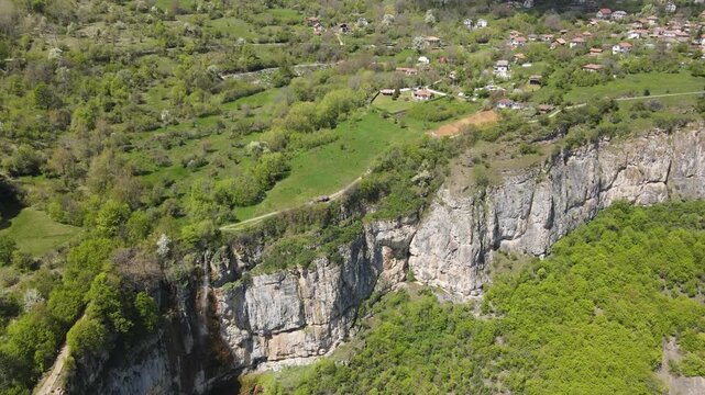 Aerial view of Skaklya Waterfall near village of Zasele, Balkan Mountains, Bulgaria
