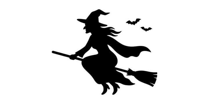 Silhouette of witch flying on broomstick with bats