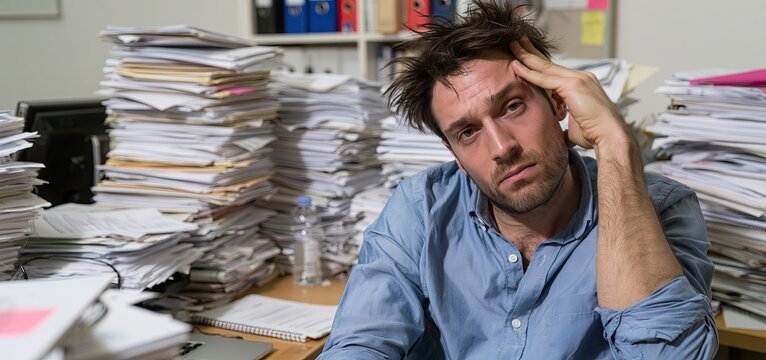 A stressed professional sits amid piles of documents and a cluttered desk in a hectic office setting.