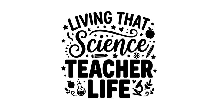 Silhouette poster celebrating science teacher life with stars and beakers