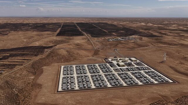 Aerial View of Utility-Scale Solar Farm with Battery Energy Storage System in Arid Desert