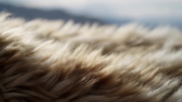 Fur no visible action, in natural outdoor setting with mountains in the background, with fur, from a close-up shot of fur with a perspective, with white, brown accents.