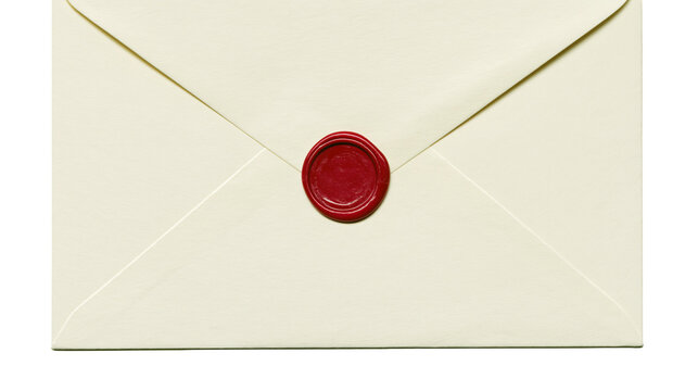 Cream colored envelope sealed with a red wax stamp, isolated on transparent background