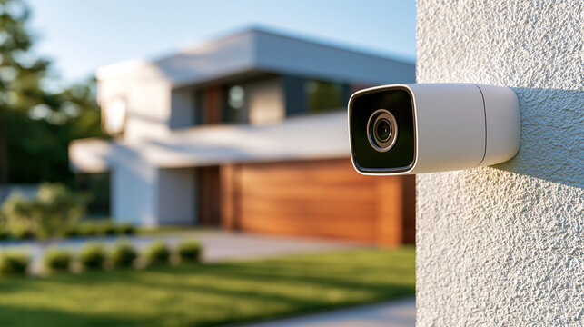 Modern outdoor security camera mounted on a house wall. This device is ideal for home protection and residential.