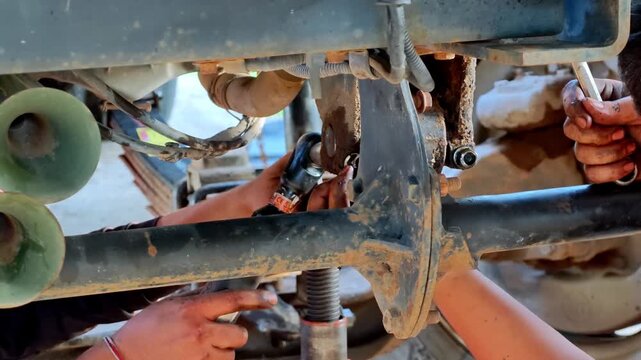 Detailed view of hands working on truck maintenance focusing on undercarriage components.