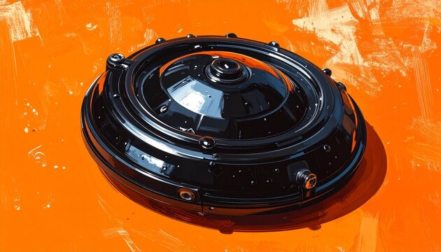 Black car shock absorber on orange background.