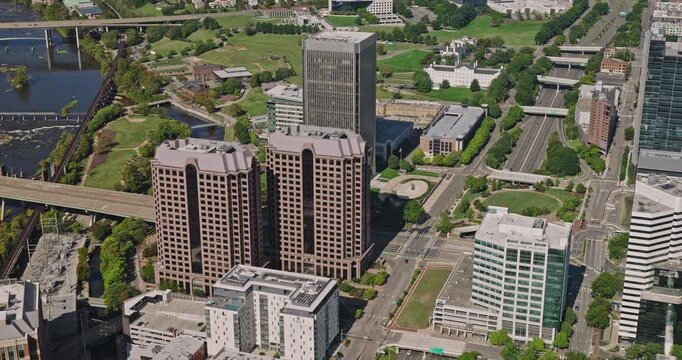 Richmond Virginia Aerial v88 birdseye flyover above Shockoe Slip, the James River and Gambles Hill toward downtown - Shot with Inspire 3 8k - Sept 30th 2023