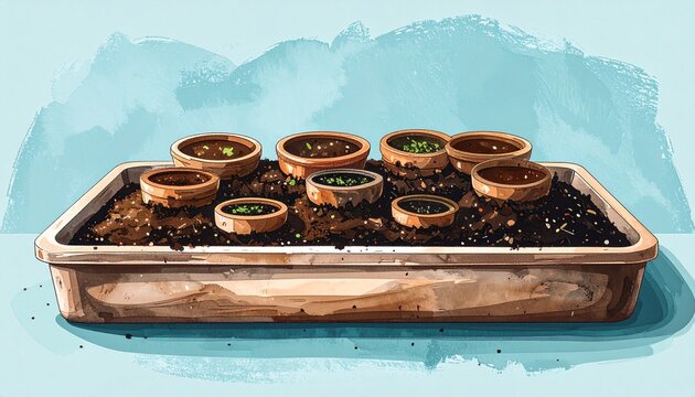 Seedlings growing in small pots on a tray.