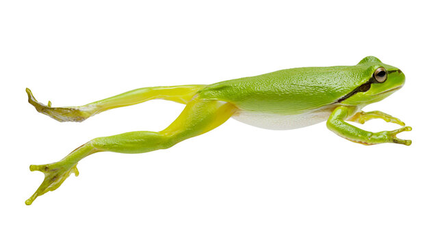 Green tree frog leaping forward, isolated on transparent background