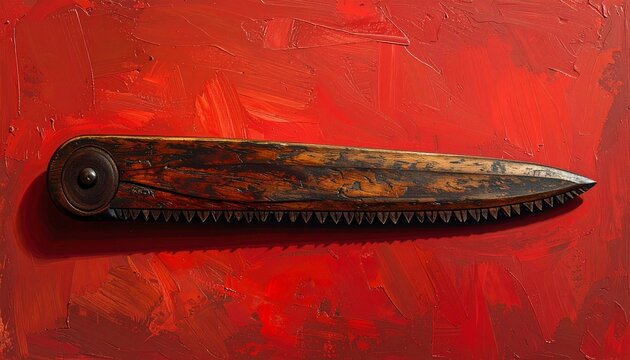 Vintage Folding Knife with Wooden Handle on Red Background.